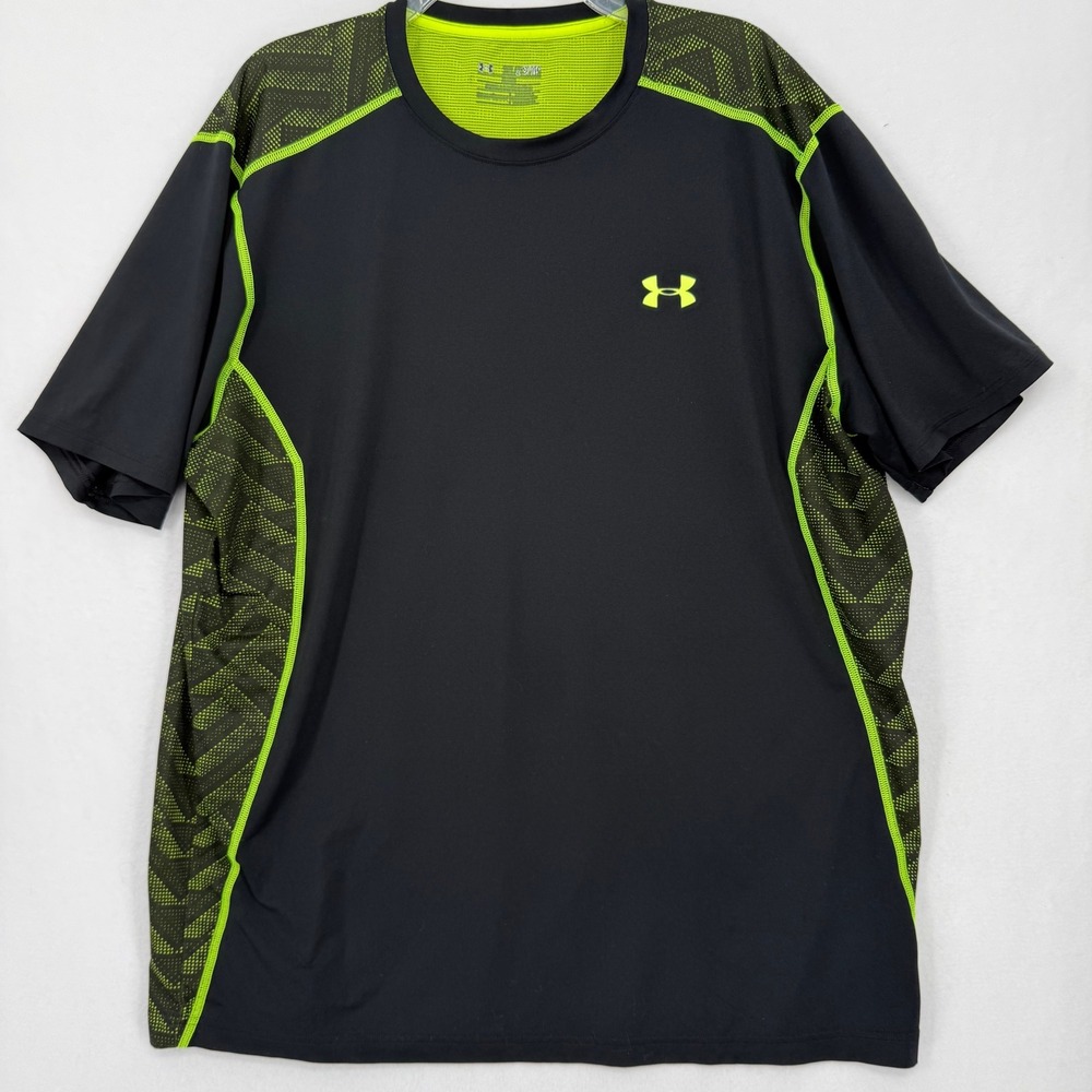 Under Armour Mens HeatGear Short Sleeve Training Shirt Black Neon Green Large